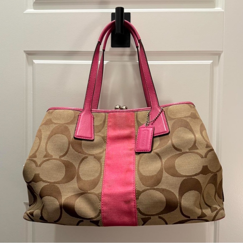 Coach Pink and Tan Signature Tote Bag